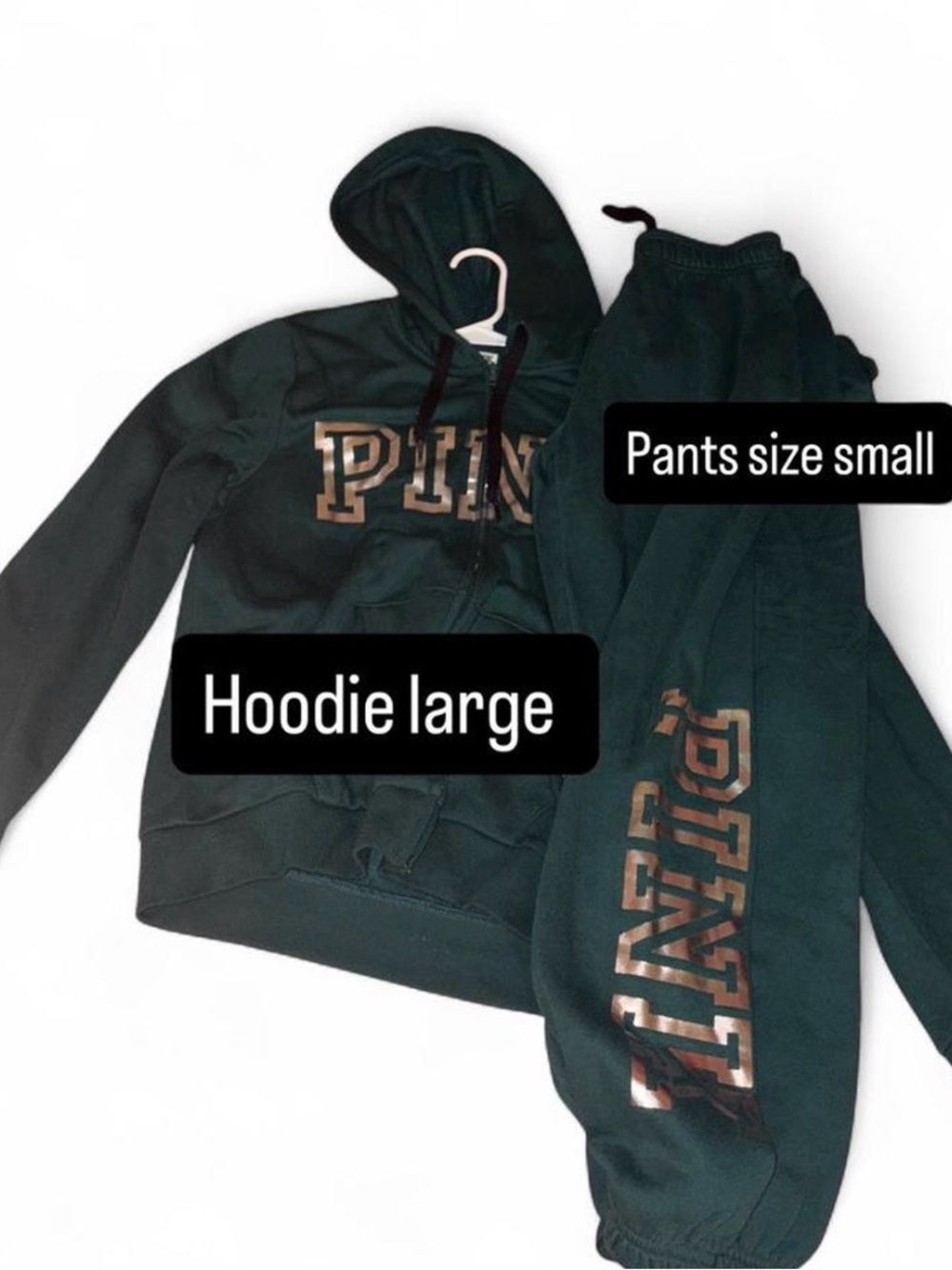 PINK Victoria's Secret Dark Green Hoodie & Joggers with Metallic Logo